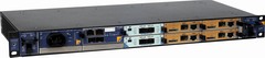 Modular TORNADO-MTCA DSP system with four M/S TORNADO-A6678 AMC-modules and two T/AX-DSFPX network AMC-modules in 19" 1U 6-slot MicroTCA chassis with 10GbE backplane switch